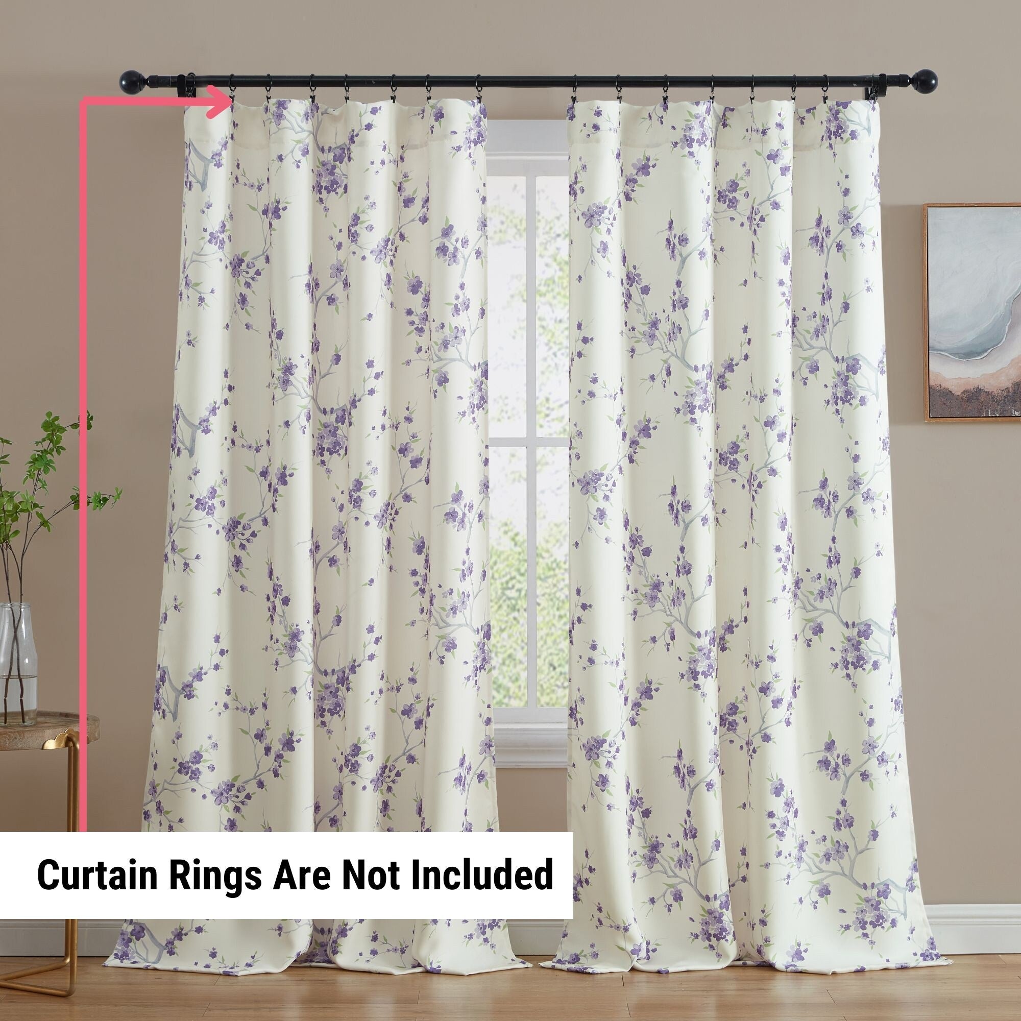 HLC.me Jasmine Floral Light Blocking Curtain Rod Pocket Pole Top Panels - Set of 2