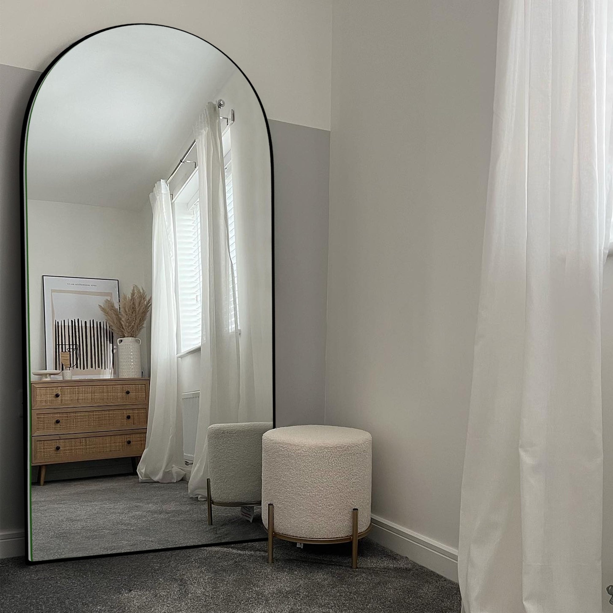 Classic Wood Arched Full Length Mirror with Stand, Floor Mirror