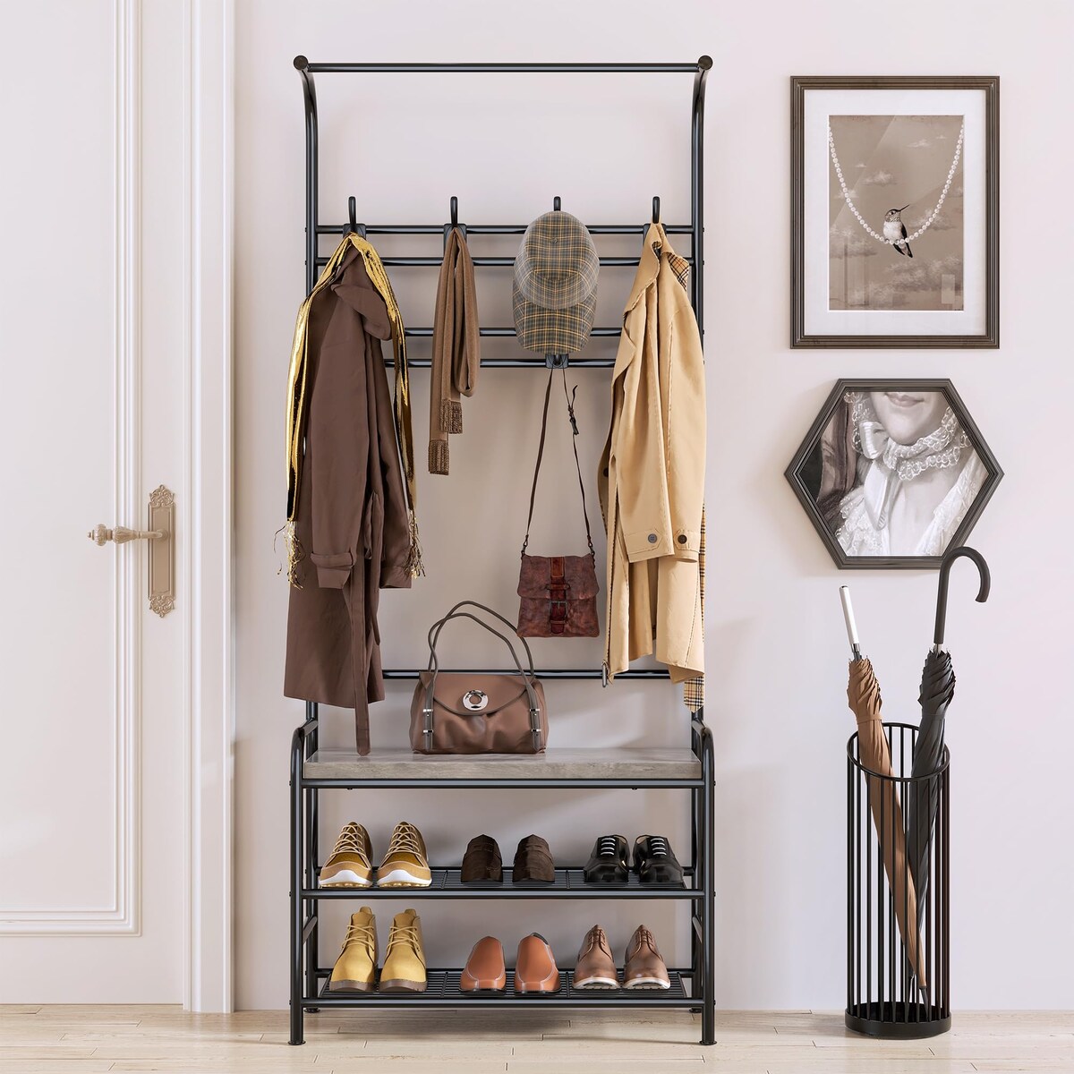 Industrial Entryway Coat Rack with Shoe Bench 3-in-1 Functional Hall Tree