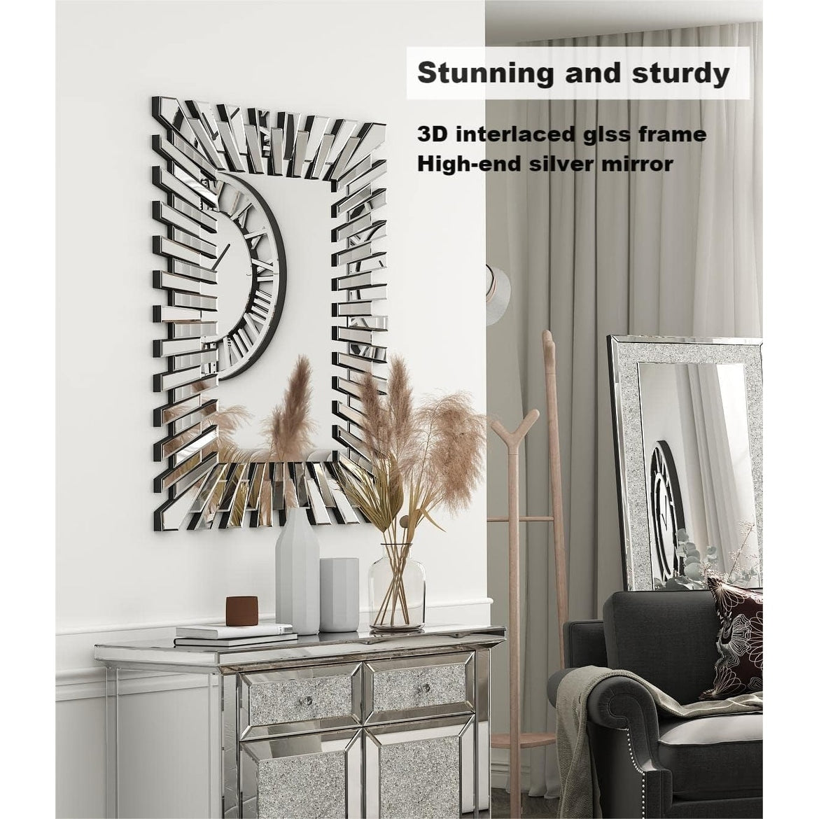 Rectangle Accent Wall Mirror Sunburst Silver Decor