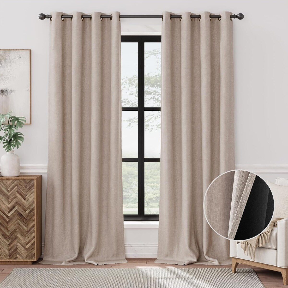 90% Blackout Faux Linen Curtains Thermal Insulated Room Darkening Curtains, 2 Panels Set, Grommet Top Window Treatments