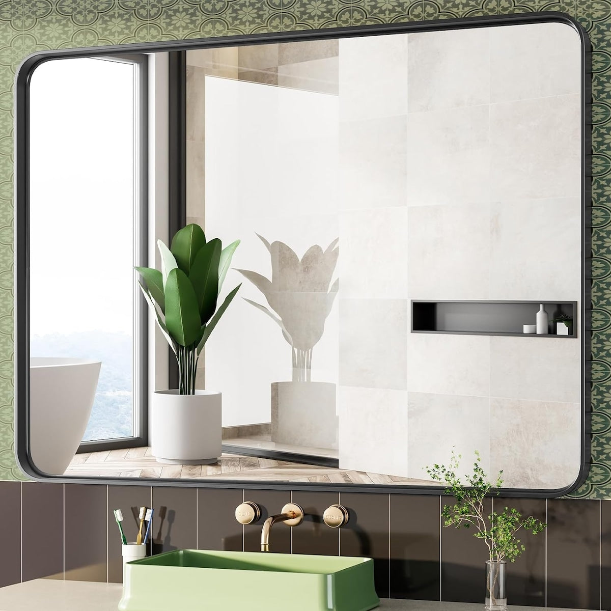 Black Metal Framed Vanity Rounded Rectangle Bathroom Mirrors for Over Sink Wall, Matte Large Mirror, Modern Decorative