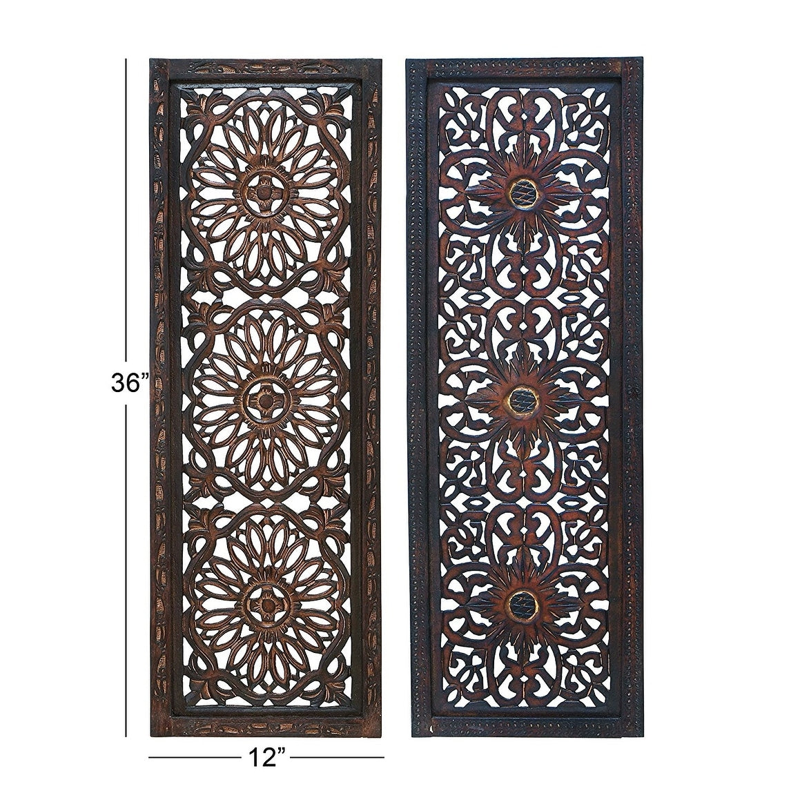 Benzara Floral Hand Carved Wooden Wall Panels, Assortment of Two, Brown