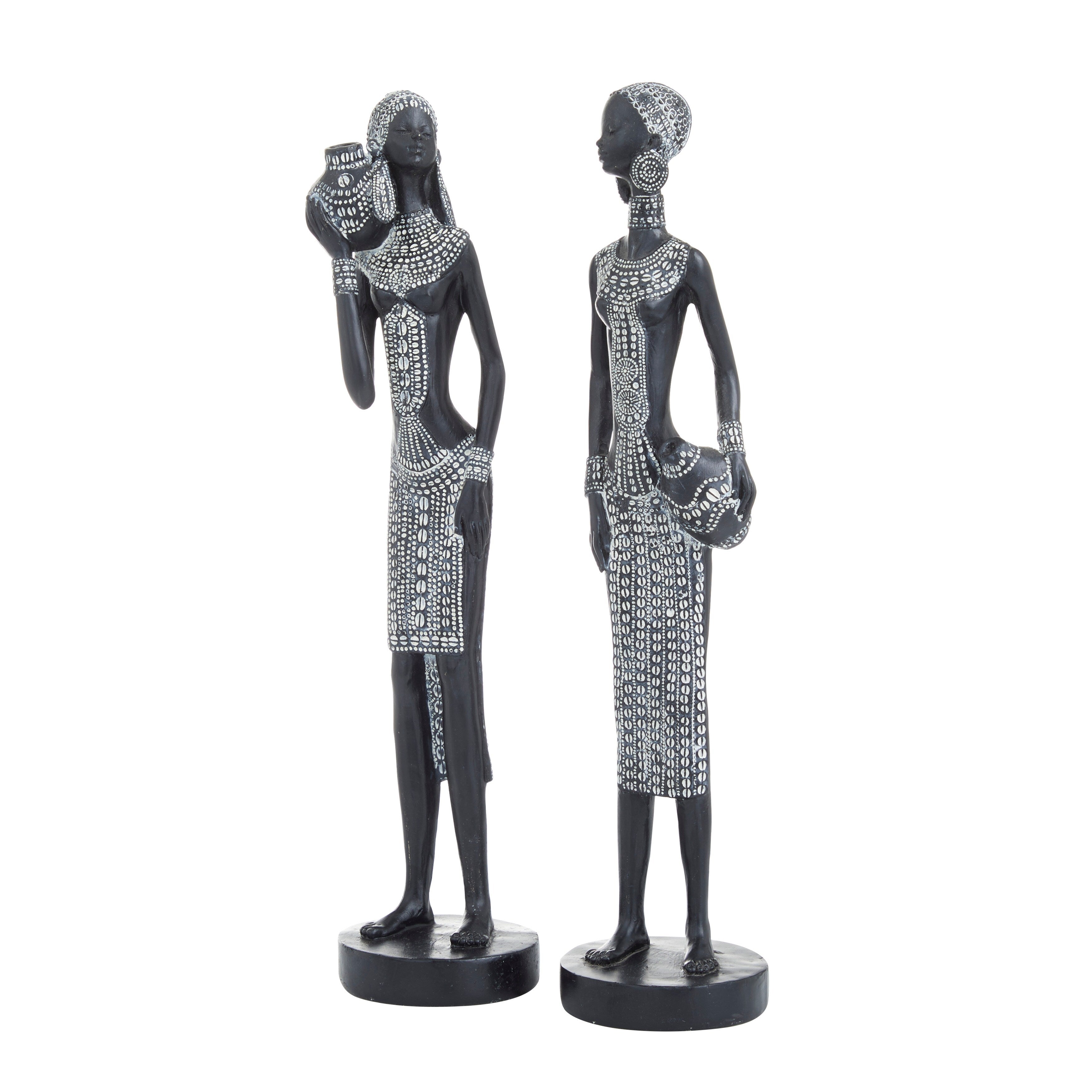 Black Polystone Standing African Woman Decorative Sculpture with Intricate Details (Set of 2) - 3 x 3 x 14