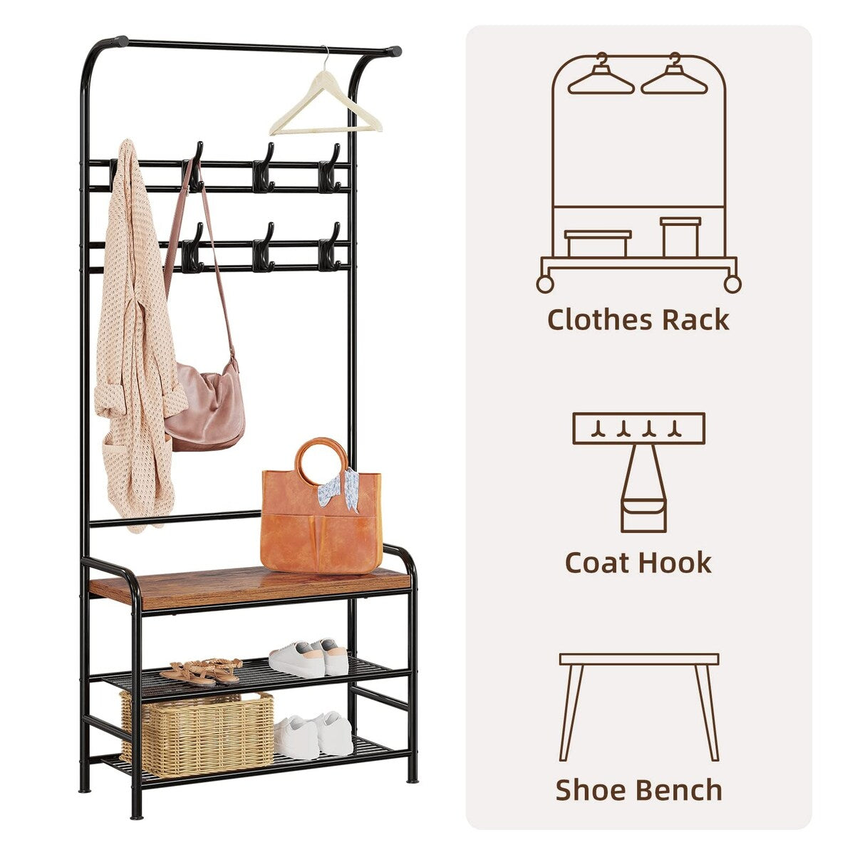 Industrial Entryway Coat Rack with Shoe Bench 3-in-1 Functional Hall Tree