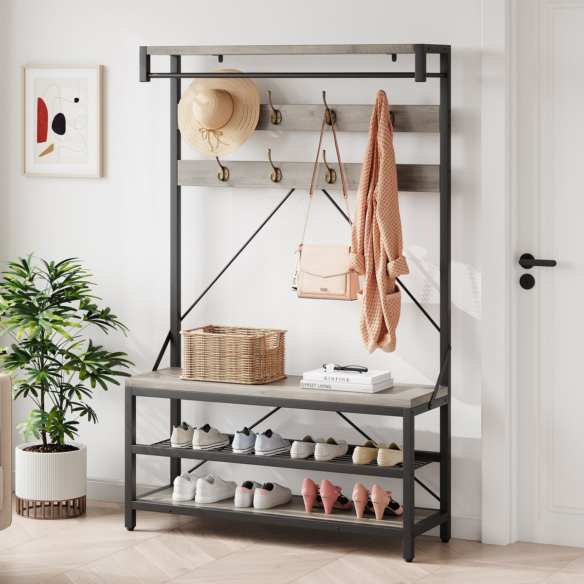 Industrial Entryway Coat Rack with Shoe Bench 3-in-1 Functional Hall Tree