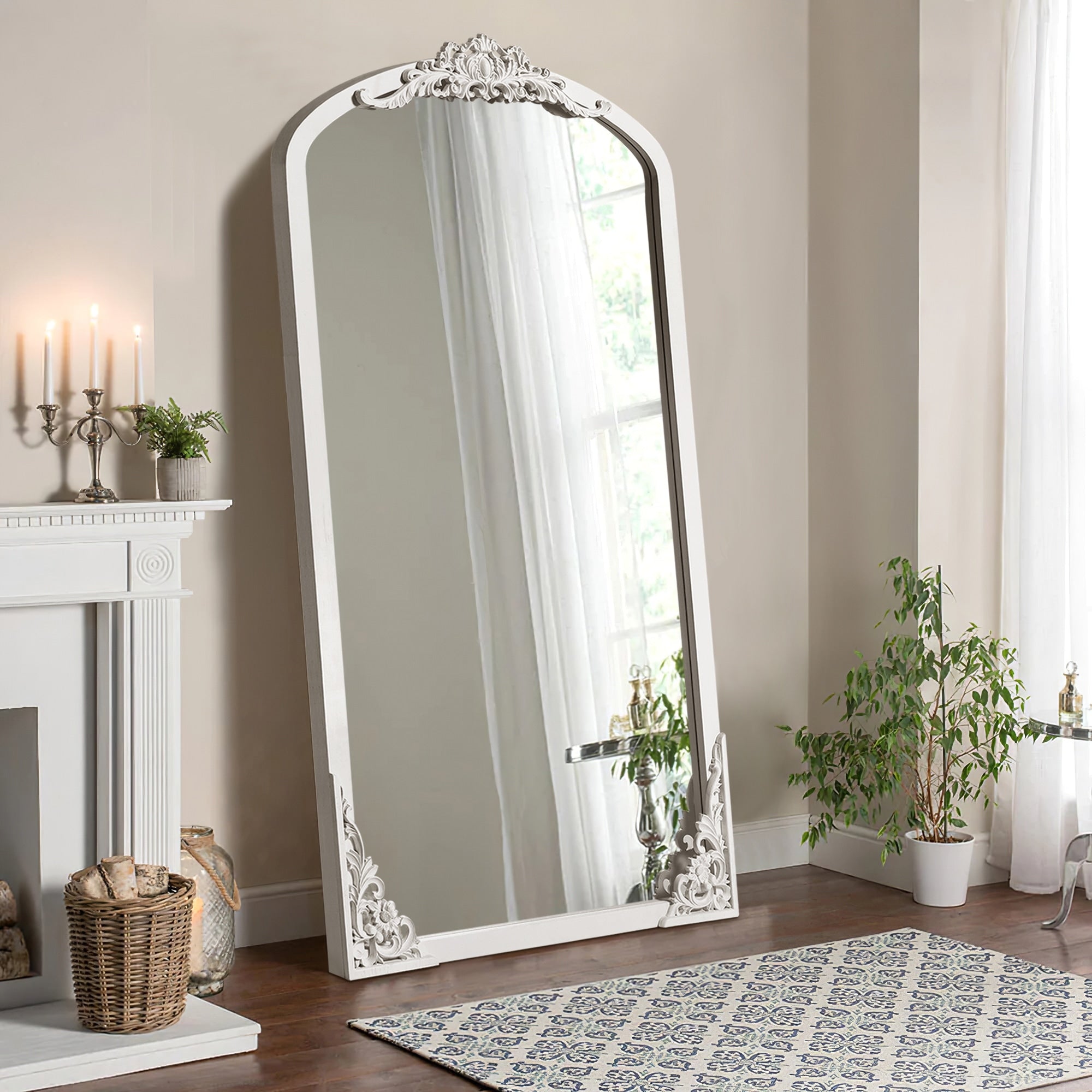 Arched Full-Length Solid Wood Carving Floor Mirror - 67*28