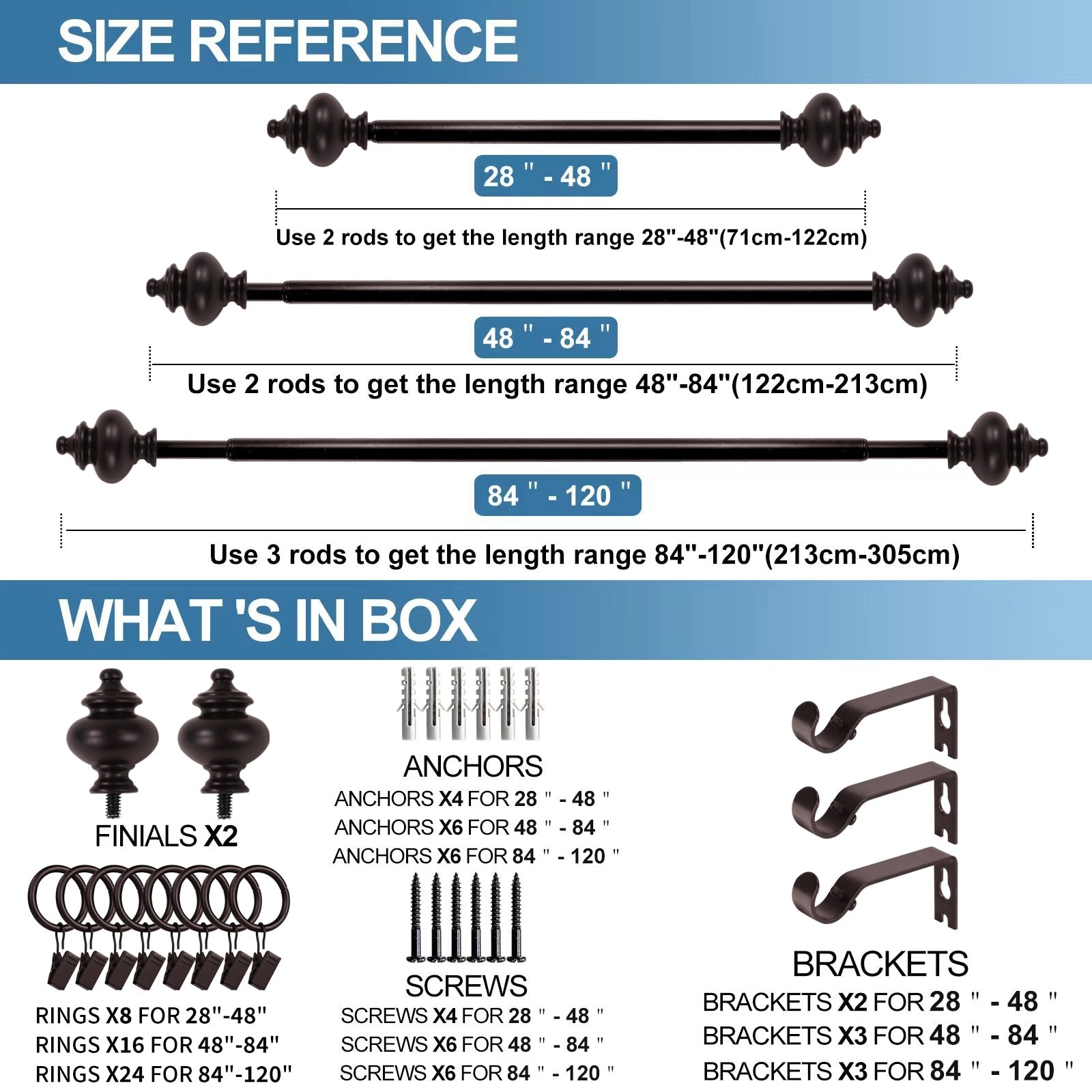 Modern Window Drapery Curtain Rod Set with 8 to 24 Rings