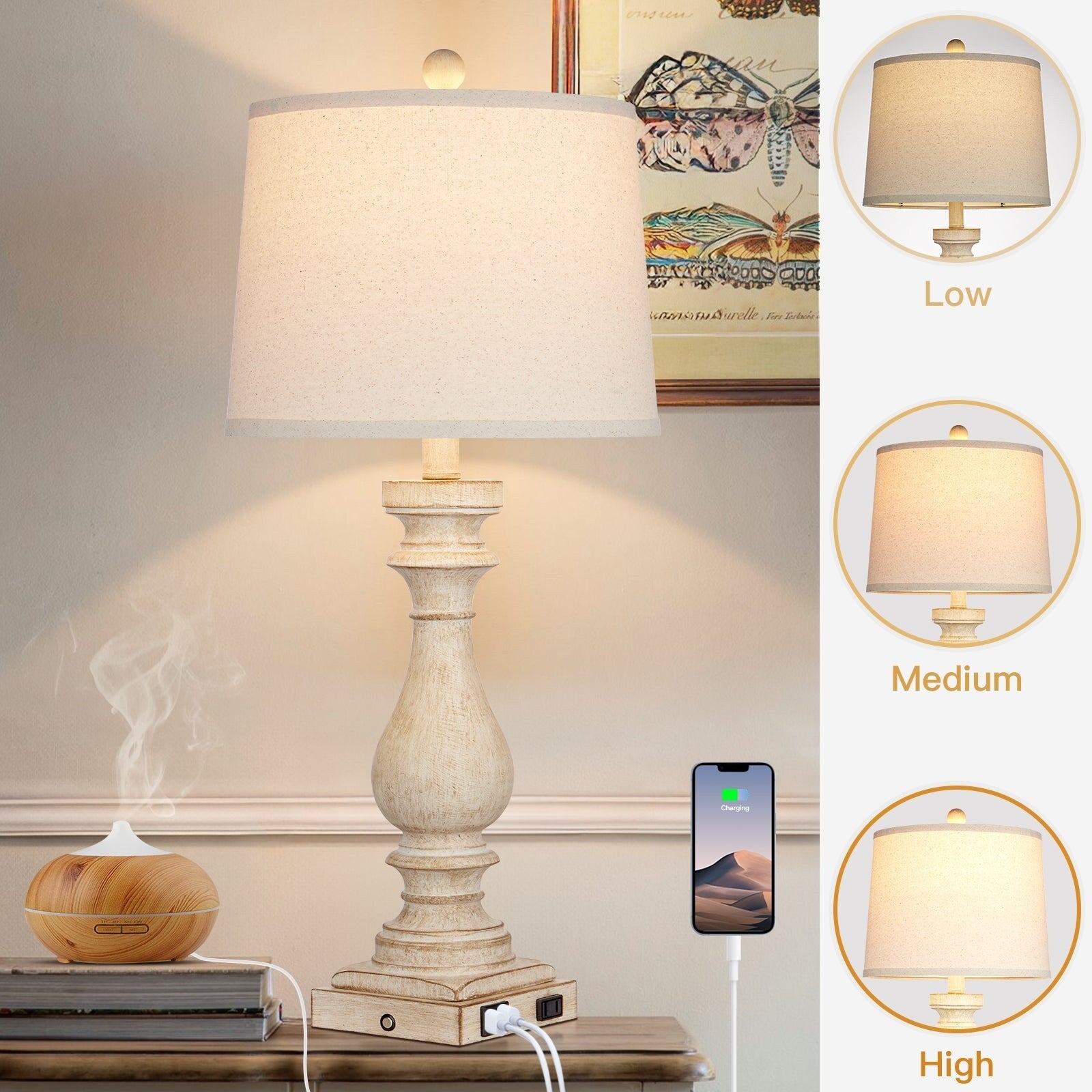 Table Lamps Resin White Vintage Oblique Shade USB Type-C Charging Ports(Set of 2) - 12.5'' x 12.5'' x 29'' (L x W x H)