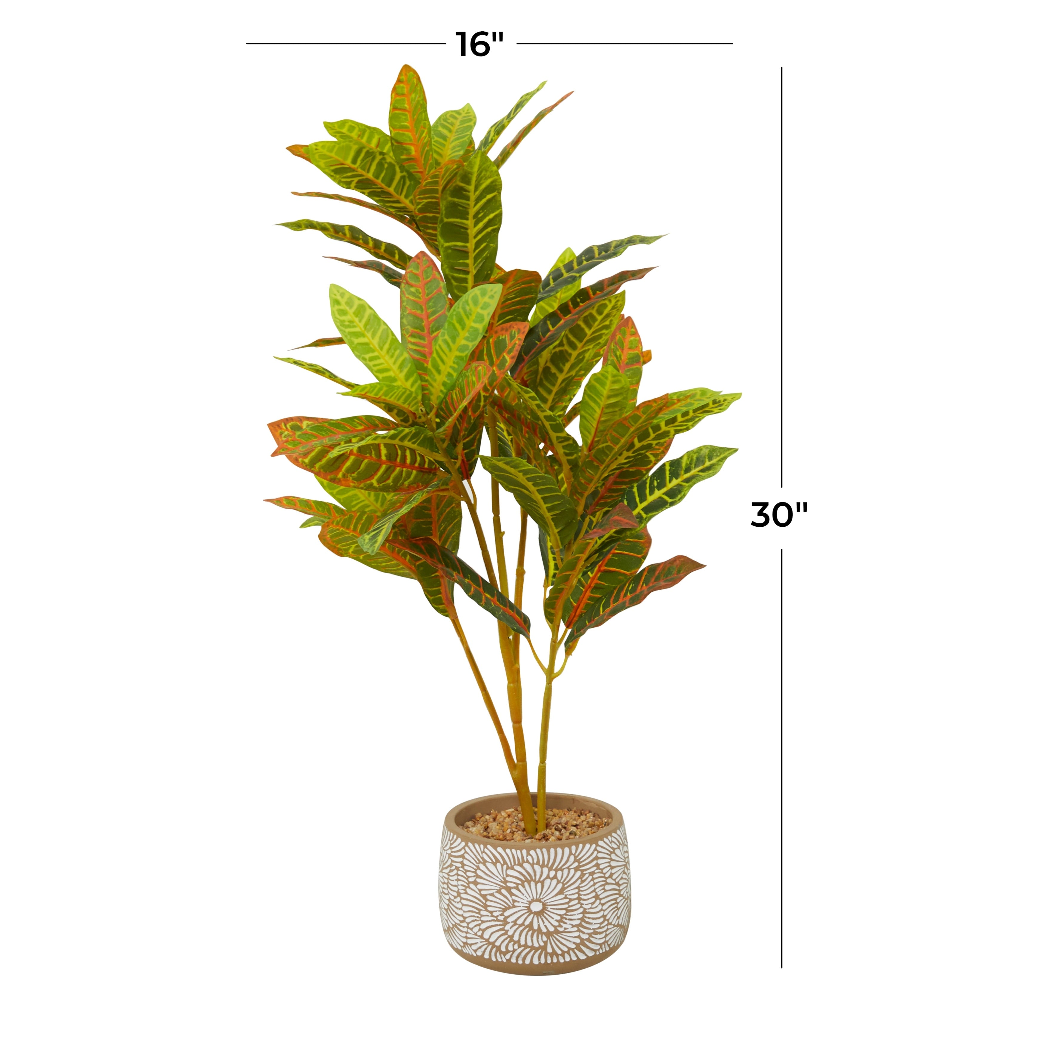 Faux Foliage Crotons Artificial Plant with Realistic Leaves and Floral Patterned Pot - Green - Roche River Decor