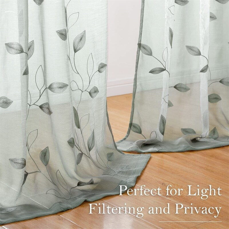 2 Panels Embroidered Leaf Pattern Curtains