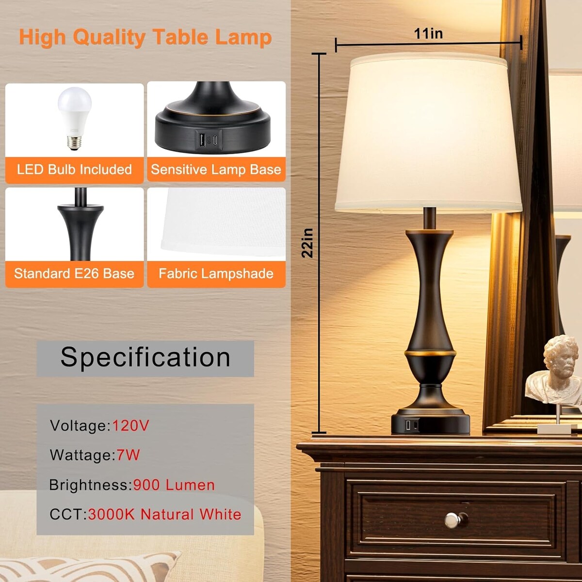 Touch Lamps Set of 2 - Nightstand Table Lamp with USB C+A, 3 Way Dimmable