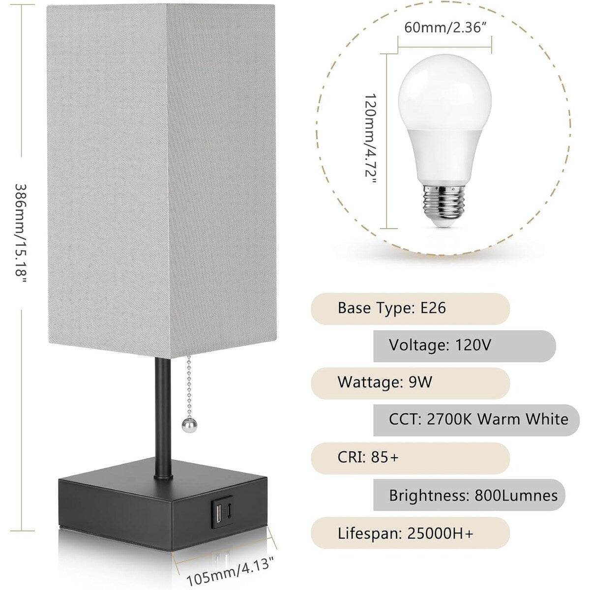 The Bedside Table Lamp, Pull Chain Table Lamp with USB C+A Charging Ports, 2700K LED Bulb, Fabric Linen Lampshade