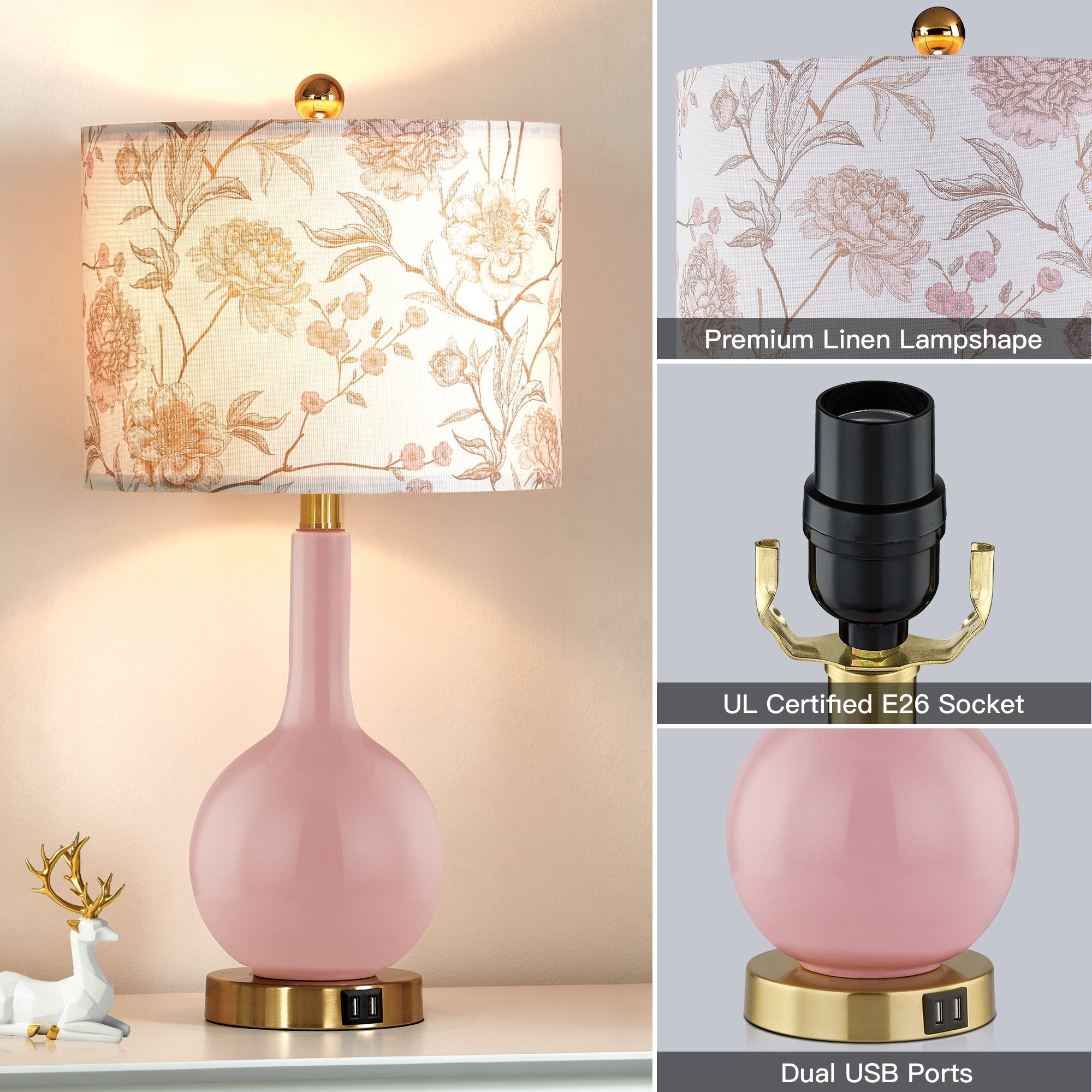 Pink Ceramic Table Lamp with 3-Way Touch Dimming Switch & Dual USB Charging Ports & - 12'' x 12'' x 24'' (L x W x H)