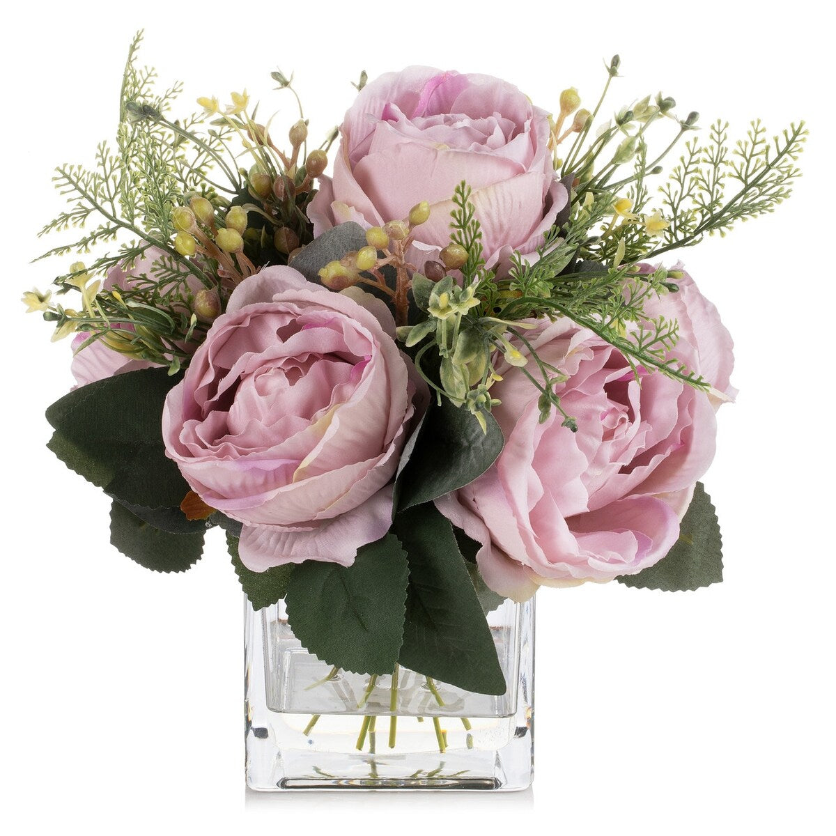 Mixed Peony Artificial Flowers in Vase with Faux Water, Silk Flower Arrangements in Vase for Home Decor, Wedding Table