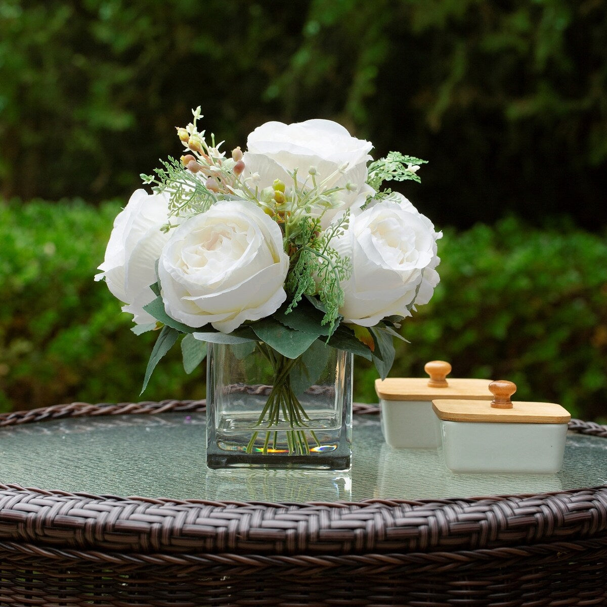 Mixed Peony Artificial Flowers in Vase with Faux Water, Silk Flower Arrangements in Vase for Home Decor, Wedding Table