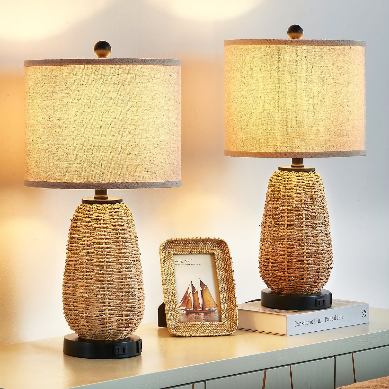 Table Lamp Brown Natural Straw Touch 3-Way Dimming(Set of 2) - 11'' x 11'' x 22.8'' (L x W x H)