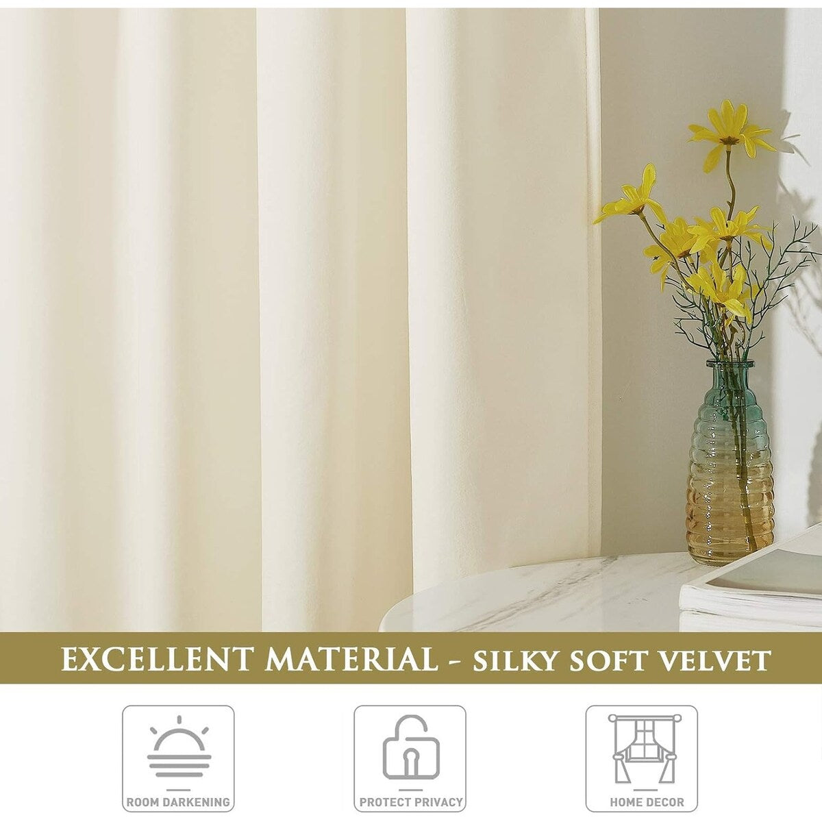 Natural Curtains for Nursery Bedroom Soft Velvet W42 x L96, 2 Panels