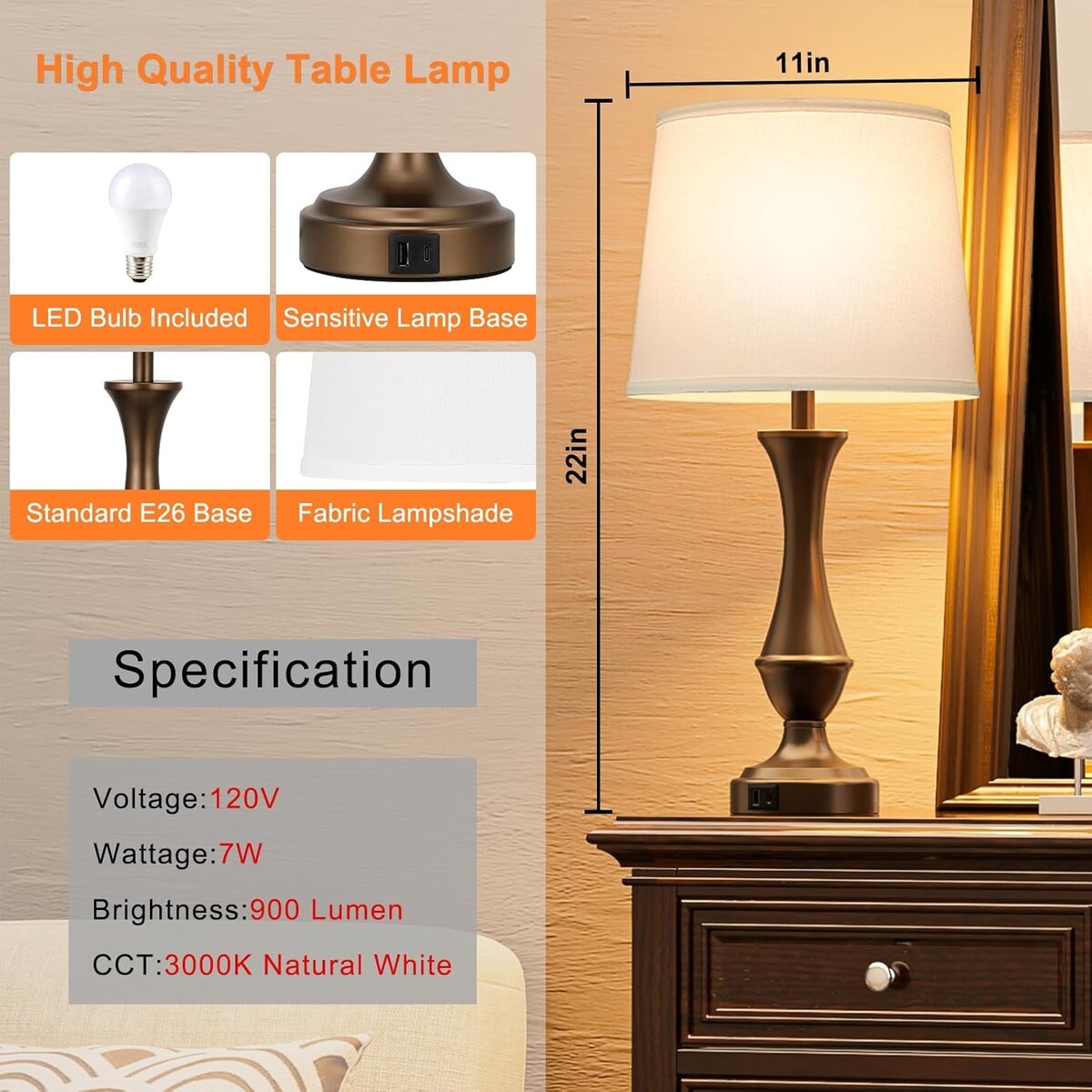 Touch Lamps Set of 2 - Nightstand Table Lamp with USB C+A, 3 Way Dimmable