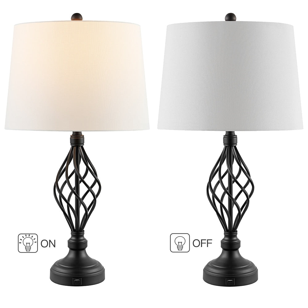 Dark Bronze USB Table Lamps with White Linen Shades (Set of 2) - 28in