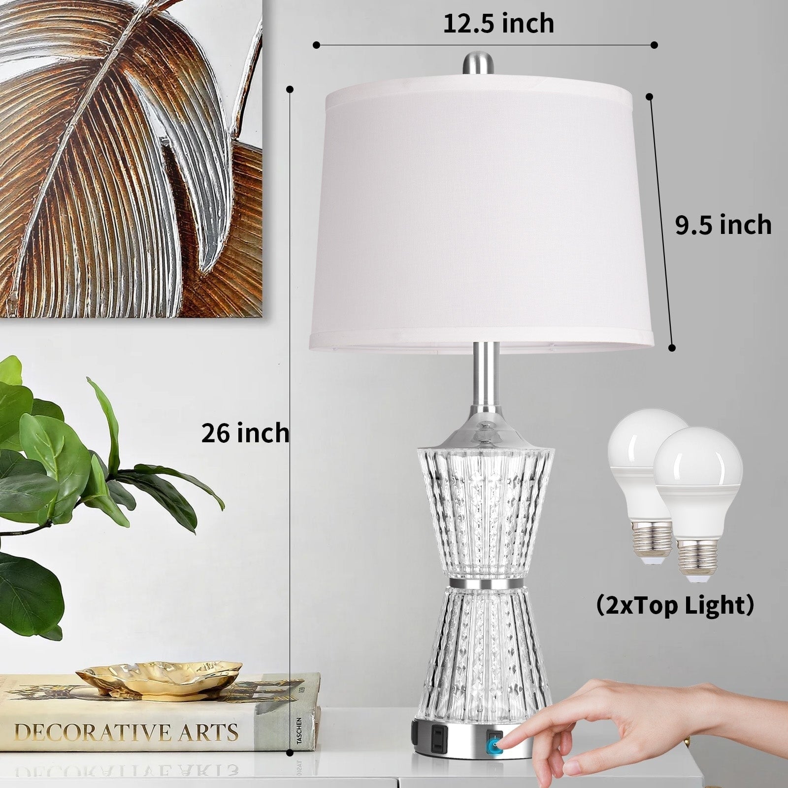 White Acrylic Table Lamp Night light 2in1 with 2 USB Charging Ports 1 AC Outlet Rotary Switch & Rocker Switch (Set of 2)