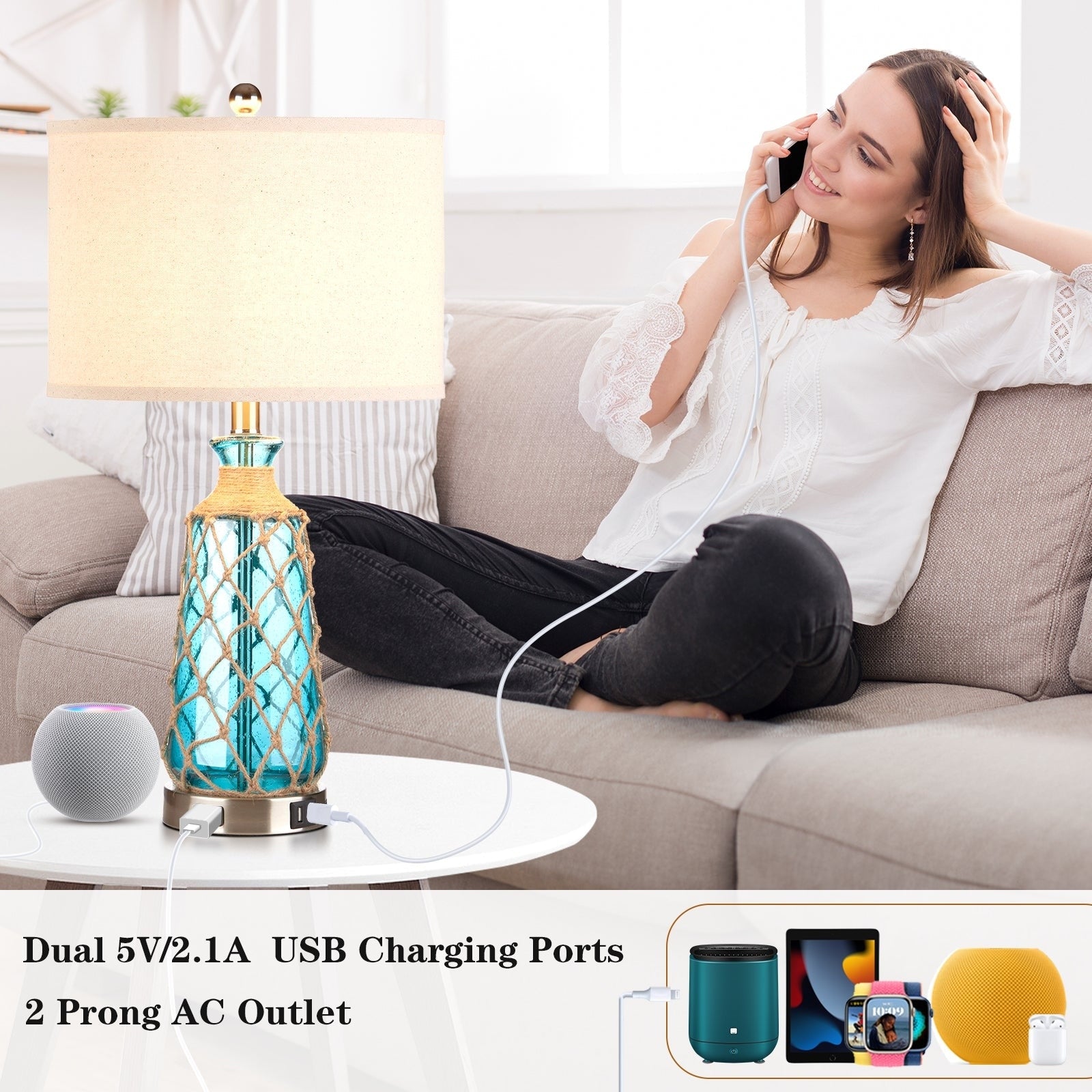 Blue Bubble Glass Table Lamp with Artistic Woven Rattan 3-way Dimming USB Port AC Outlet (Set of 2)