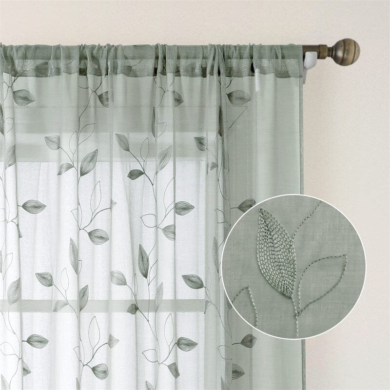 2 Panels Embroidered Leaf Pattern Curtains