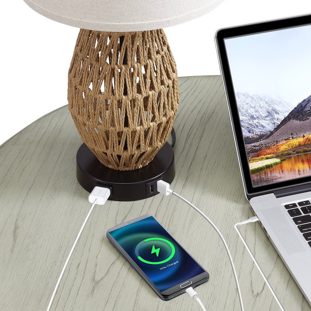 Brown Rattan Woven Table Lamp with 3-way Touch Dimming Switch USB Charging Ports and AC Outlet