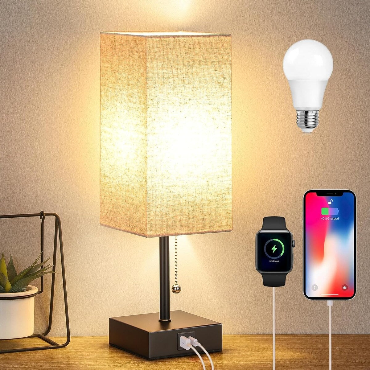 The Bedside Table Lamp, Pull Chain Table Lamp with USB C+A Charging Ports, 2700K LED Bulb, Fabric Linen Lampshade