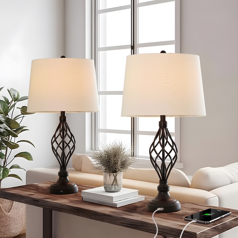 Dark Bronze USB Table Lamps with White Linen Shades (Set of 2) - 28in