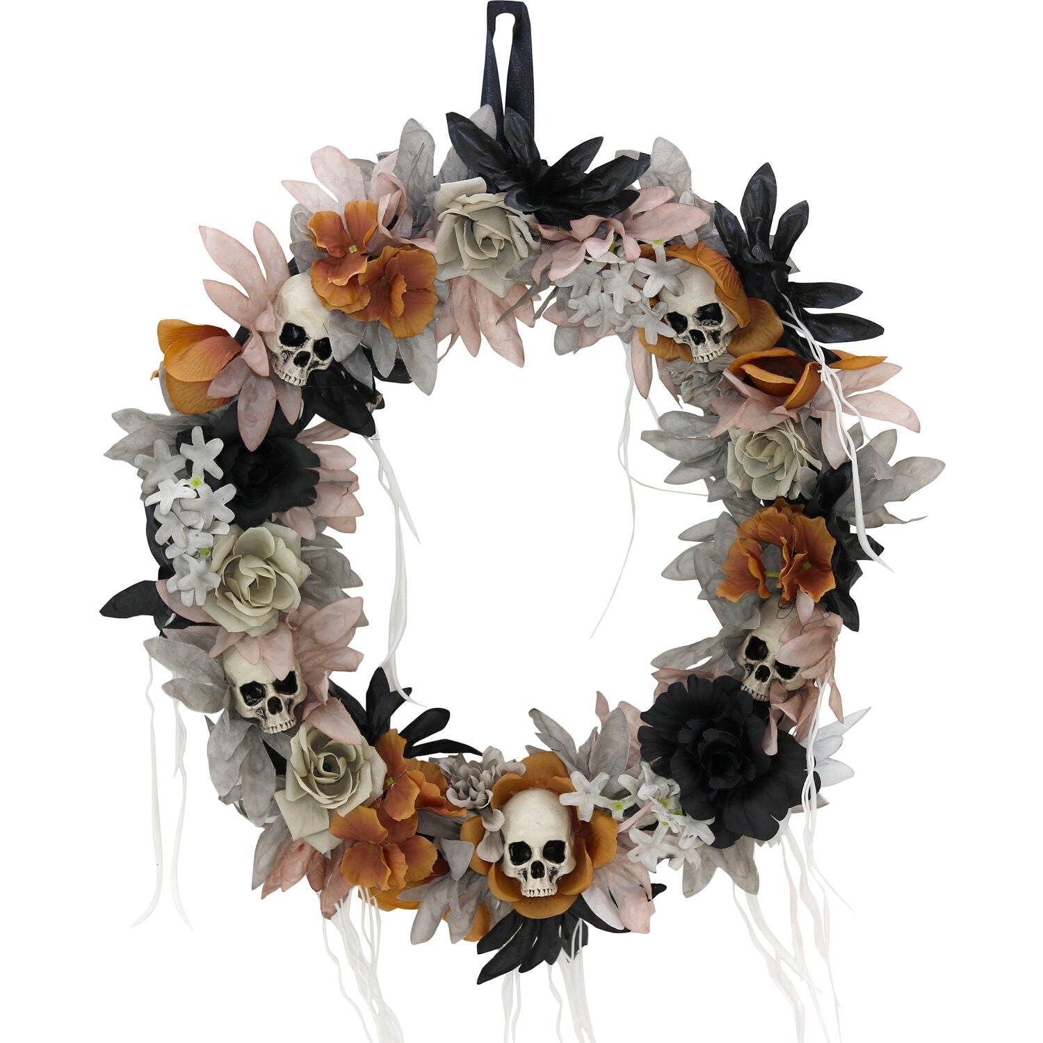 Haunted Hill Farm 1.83-ft. Halloween Autumn Wreath with Skulls, Indoor/Covered Outdoor Halloween Decoration