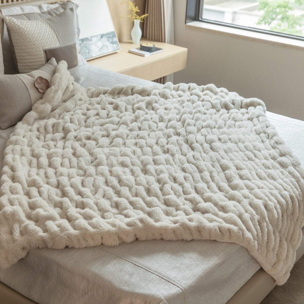 Luxurious 50 in. x 60 in. Rached Faux Fur Cozy Throw Blanket - Decorative Plush Blanket for Sofa and Bed, Soft and Comfortable