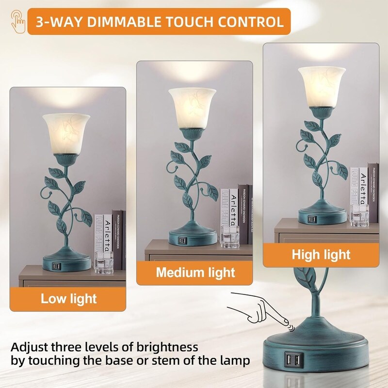 Vintage glass shade table lamp, 3 way dimmable bedside lamp. - 6D x 6W x 18.5H