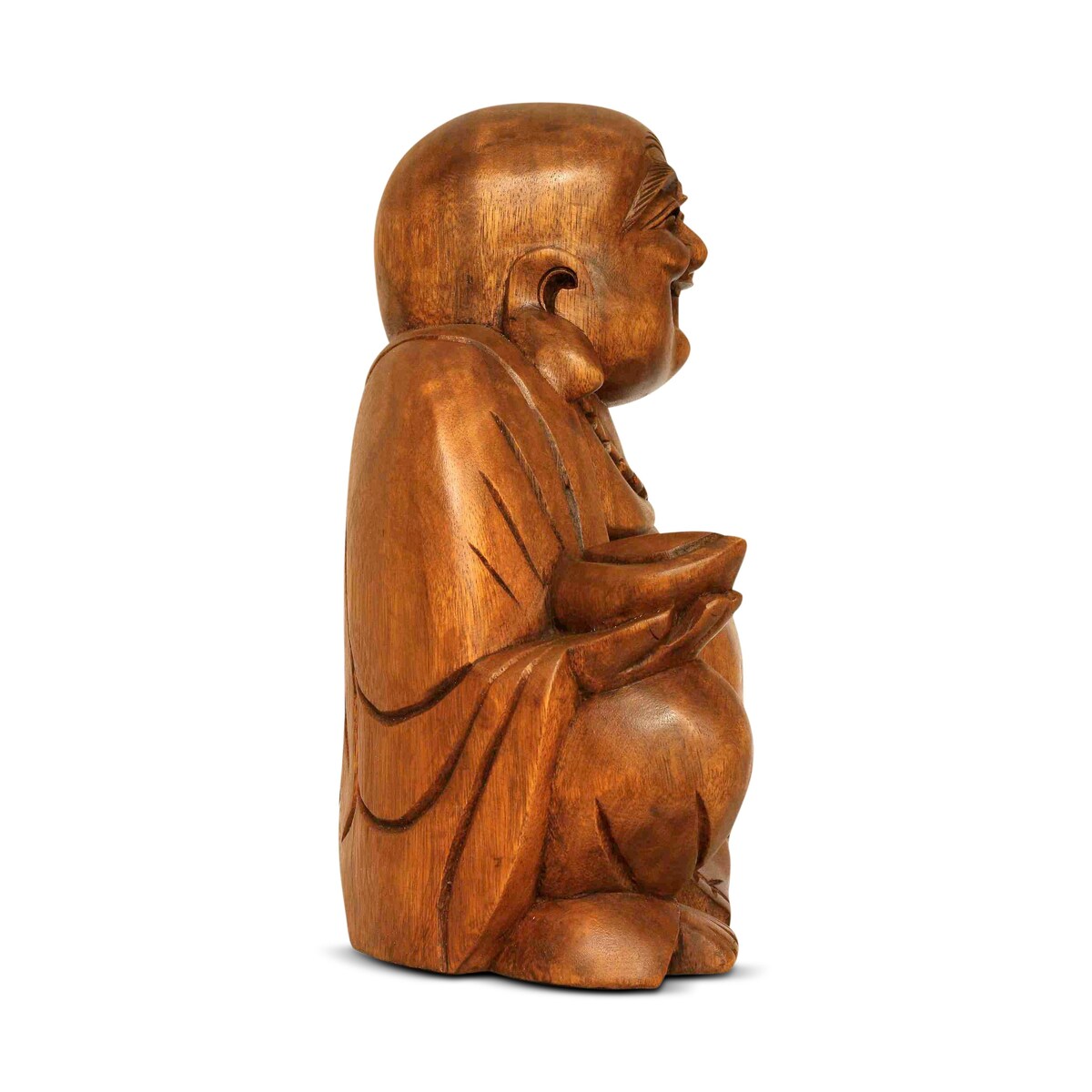 Wooden Laughing Happy Buddha Statue Hand Carved Smiling Sitting Sculpture Handmade Figurine Decorative Home Decor Handcrafted