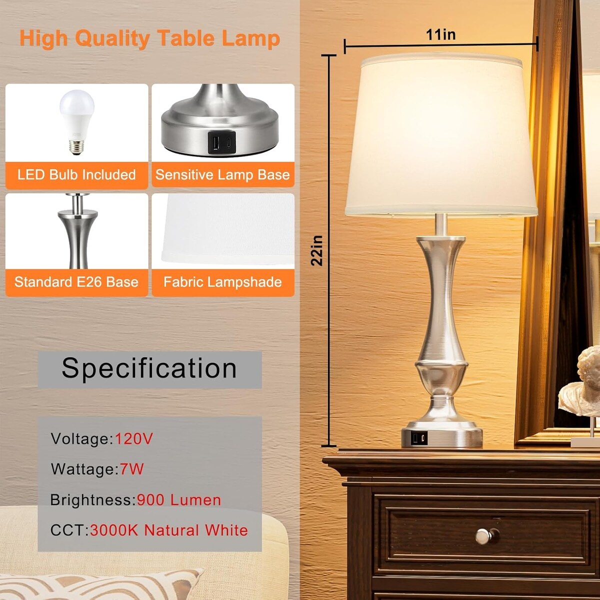 Touch Lamps Set of 2 - Nightstand Table Lamp with USB C+A, 3 Way Dimmable