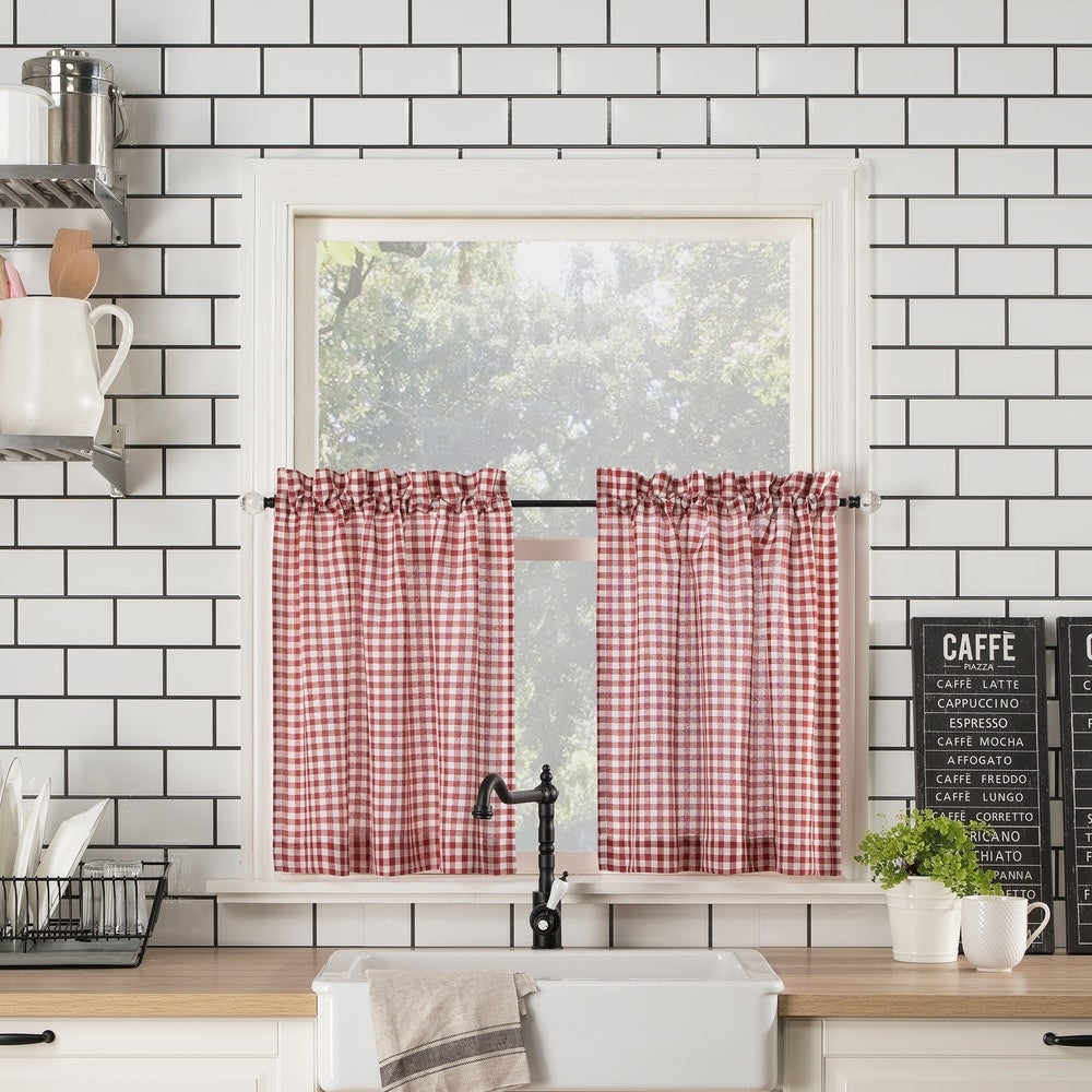 No. 918 Parkham Farmhouse Plaid Semi-Sheer Rod Pocket Kitchen Curtain Valance and Tiers Set