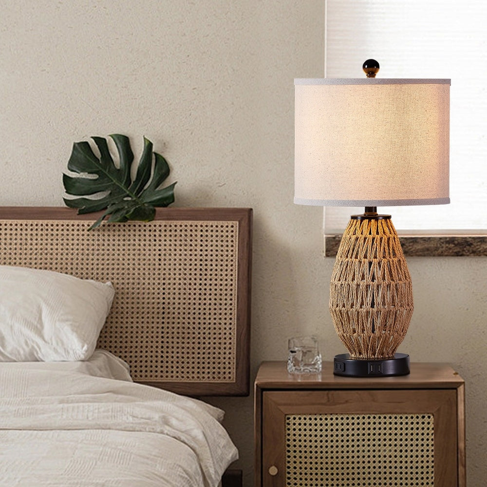 Brown Rattan Woven Table Lamp with USB Charging Ports AC Socket and 3-way Touch Dimming Switch (Set of 2)