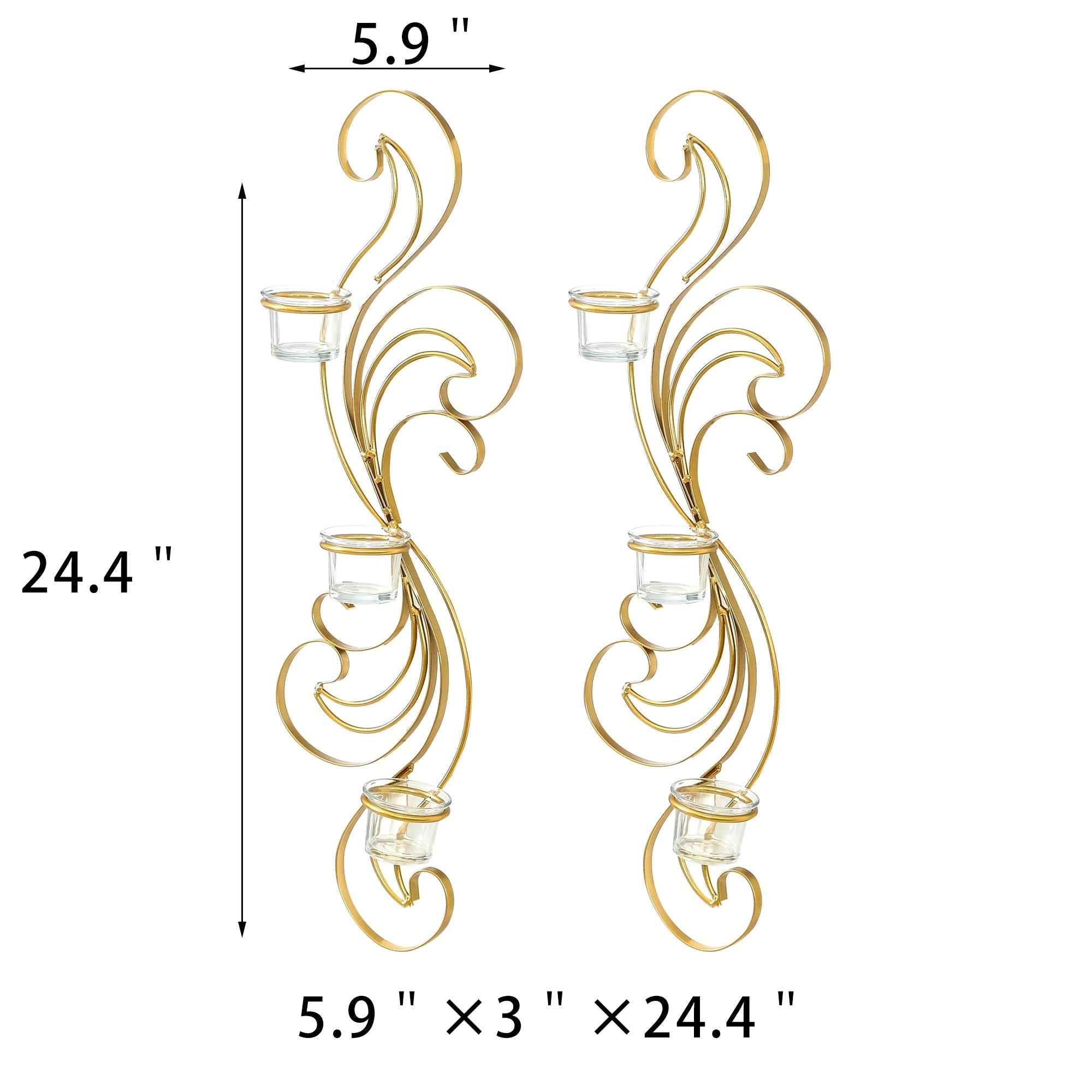 Adeco Set of 2 Metal Wall Sconces with Glass Candle Holder - 5.9 x 3 x 24.4