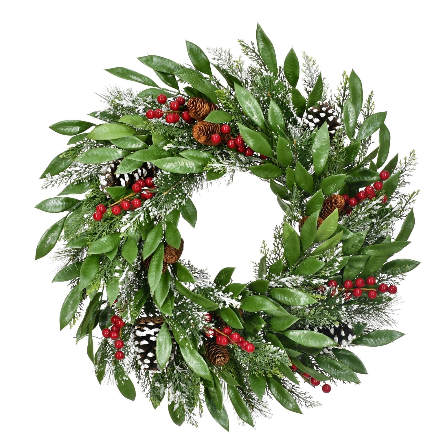 Fraser Hill Farm 25-In. Mixed Leaf Wreath Door or Wall Hanging with Pinecones and Berries - Green - 2 Foot