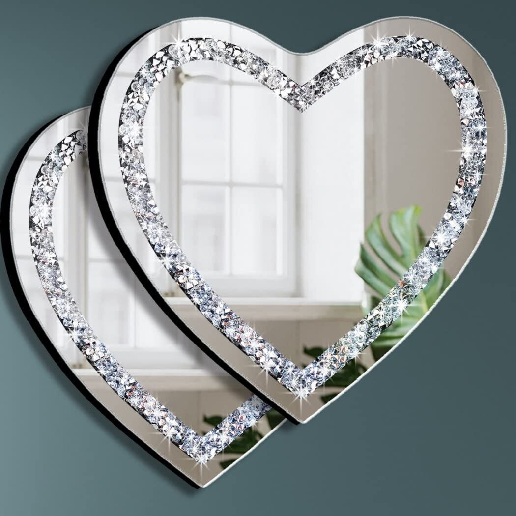 Heart Shaped Silver Glass Mirror 12 x 12 Inch Mirror Wall Set of 2 - 12x12 inch