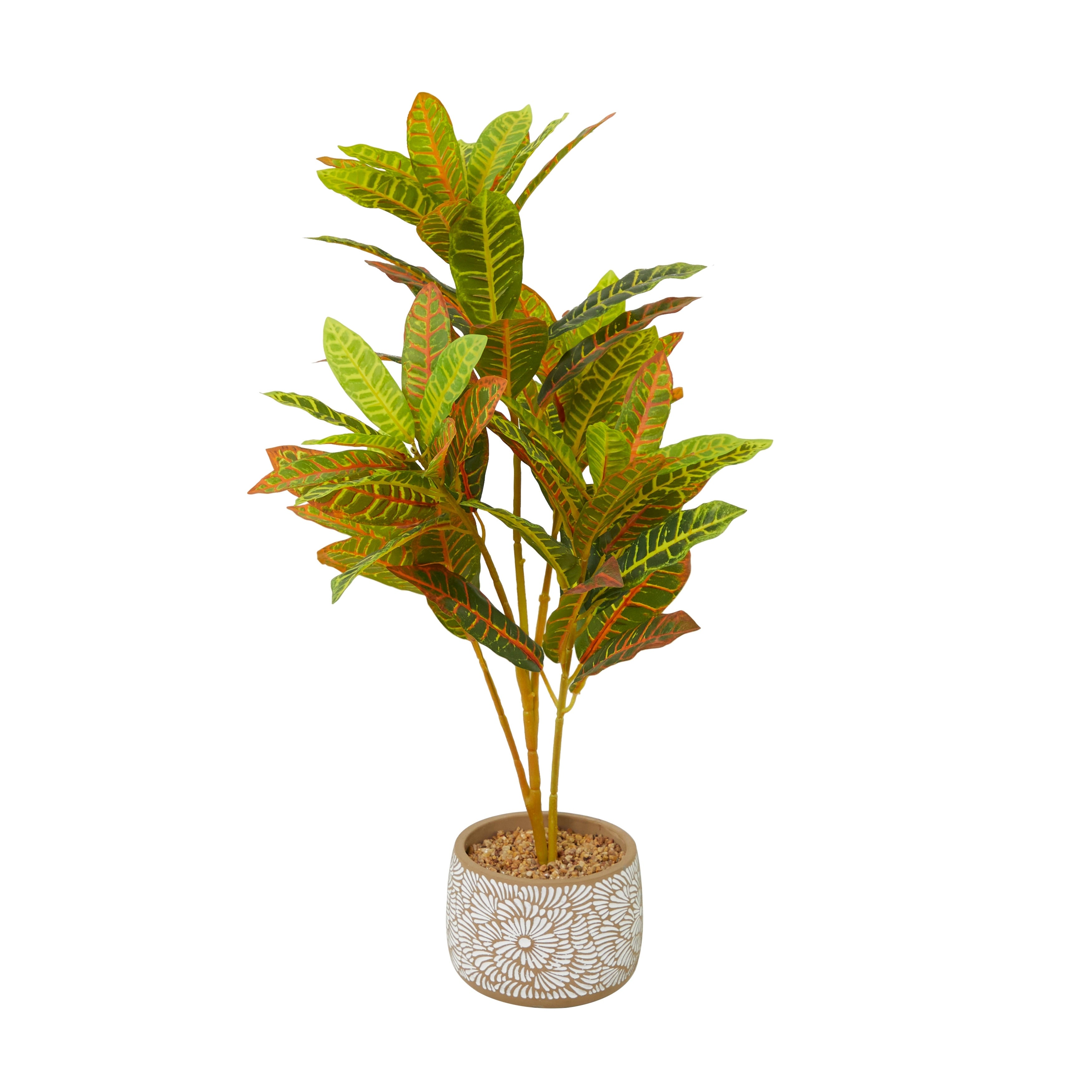 Faux Foliage Crotons Artificial Plant with Realistic Leaves and Floral Patterned Pot - Green - Roche River Decor