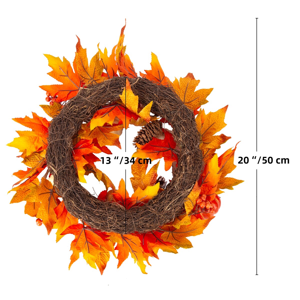 20 Autumn Wreath,Fall Wreath for Thanksgiving Decorations and Halloween, Artificial Front Door Wreath with Maple Leaf