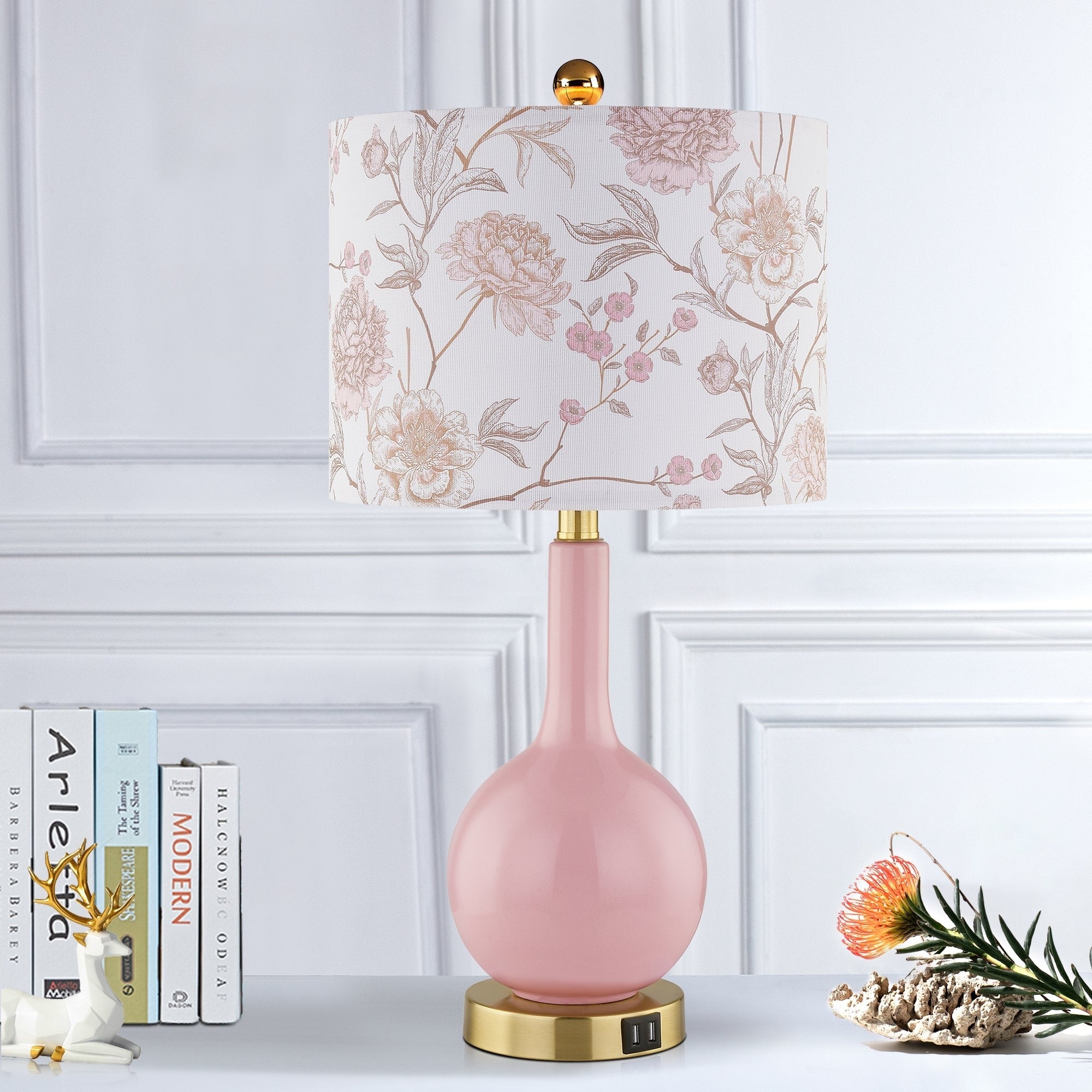 Pink Ceramic Table Lamp with 3-Way Touch Dimming Switch & Dual USB Charging Ports & - 12'' x 12'' x 24'' (L x W x H)