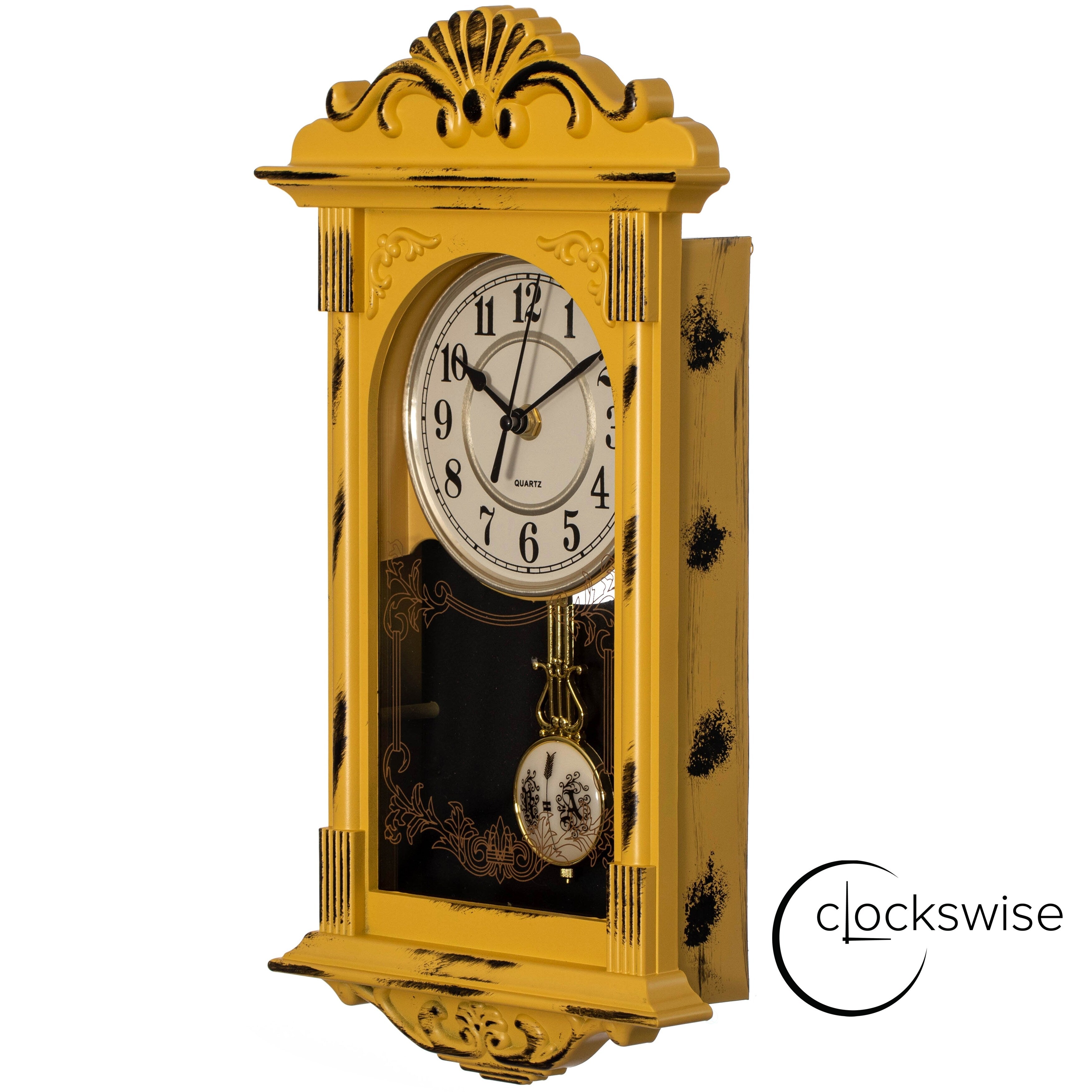 Clockswise Vintage Grandfather Wood-Looking Plastic Pendulum Decorative Battery-Operated Wall Clock Brown, for Home Decor