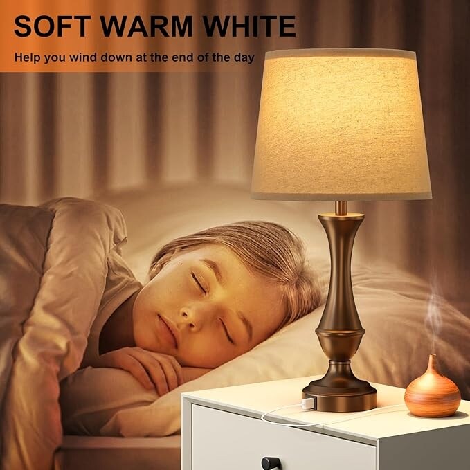 Touch Lamps Set of 2 - Nightstand Table Lamp with USB C+A, 3 Way Dimmable