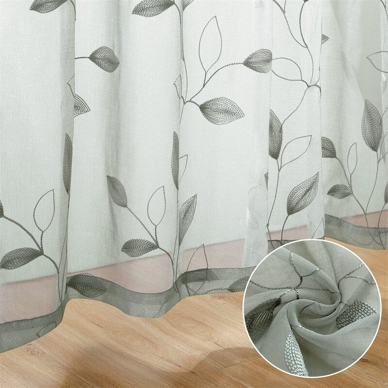 2 Panels Embroidered Leaf Pattern Curtains