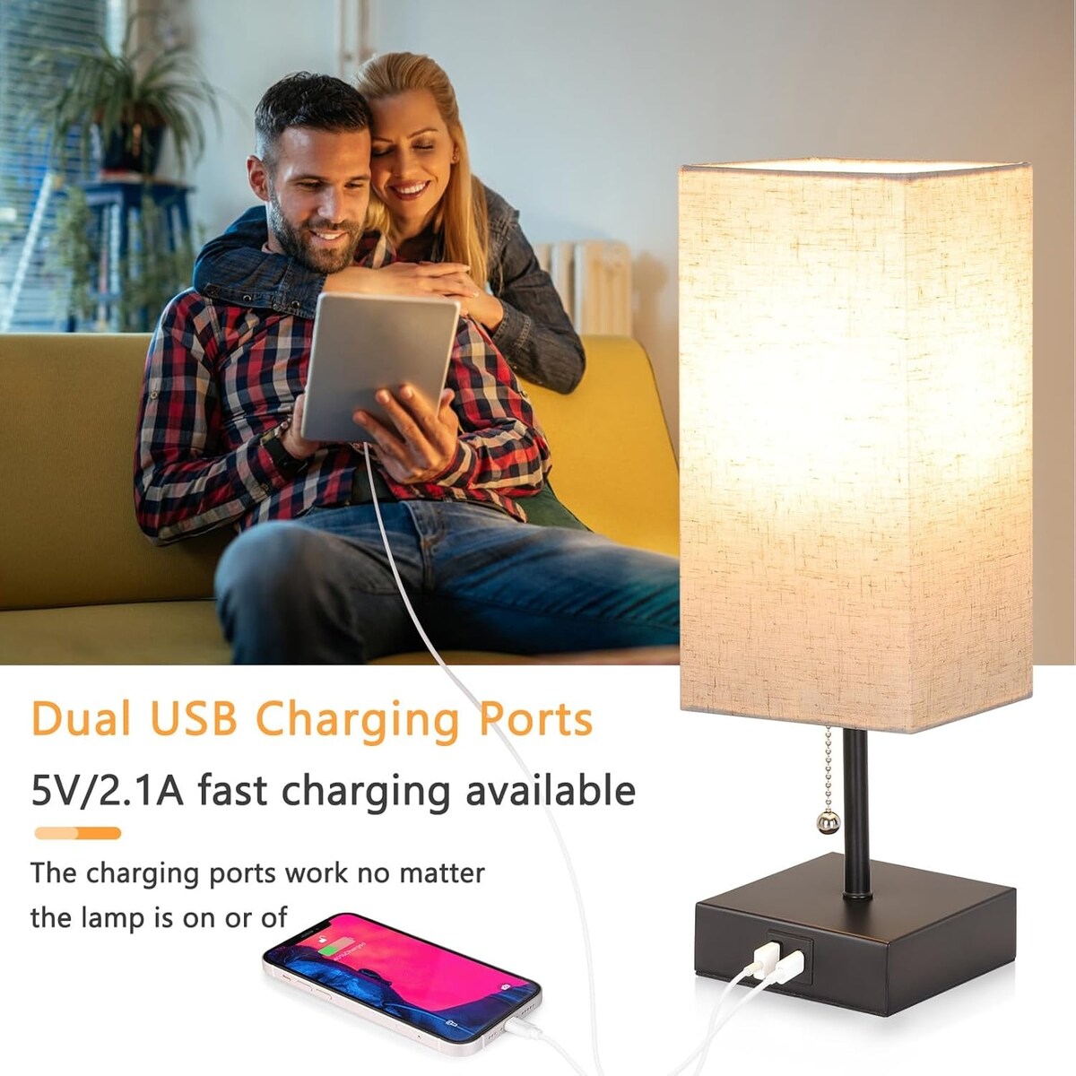 The Bedside Table Lamp, Pull Chain Table Lamp with USB C+A Charging Ports, 2700K LED Bulb, Fabric Linen Lampshade