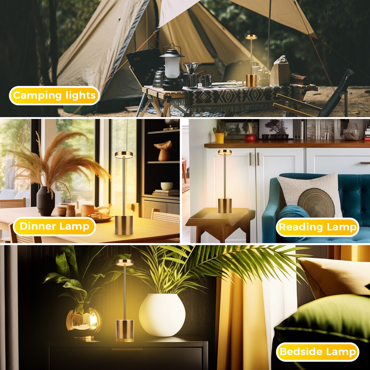 LED Cordless Table Lamps Set of 3600 mAh Rechargeable Table lamp, Portable 3 Color Stepless Dimmable Metal Outdoor Table Lamp