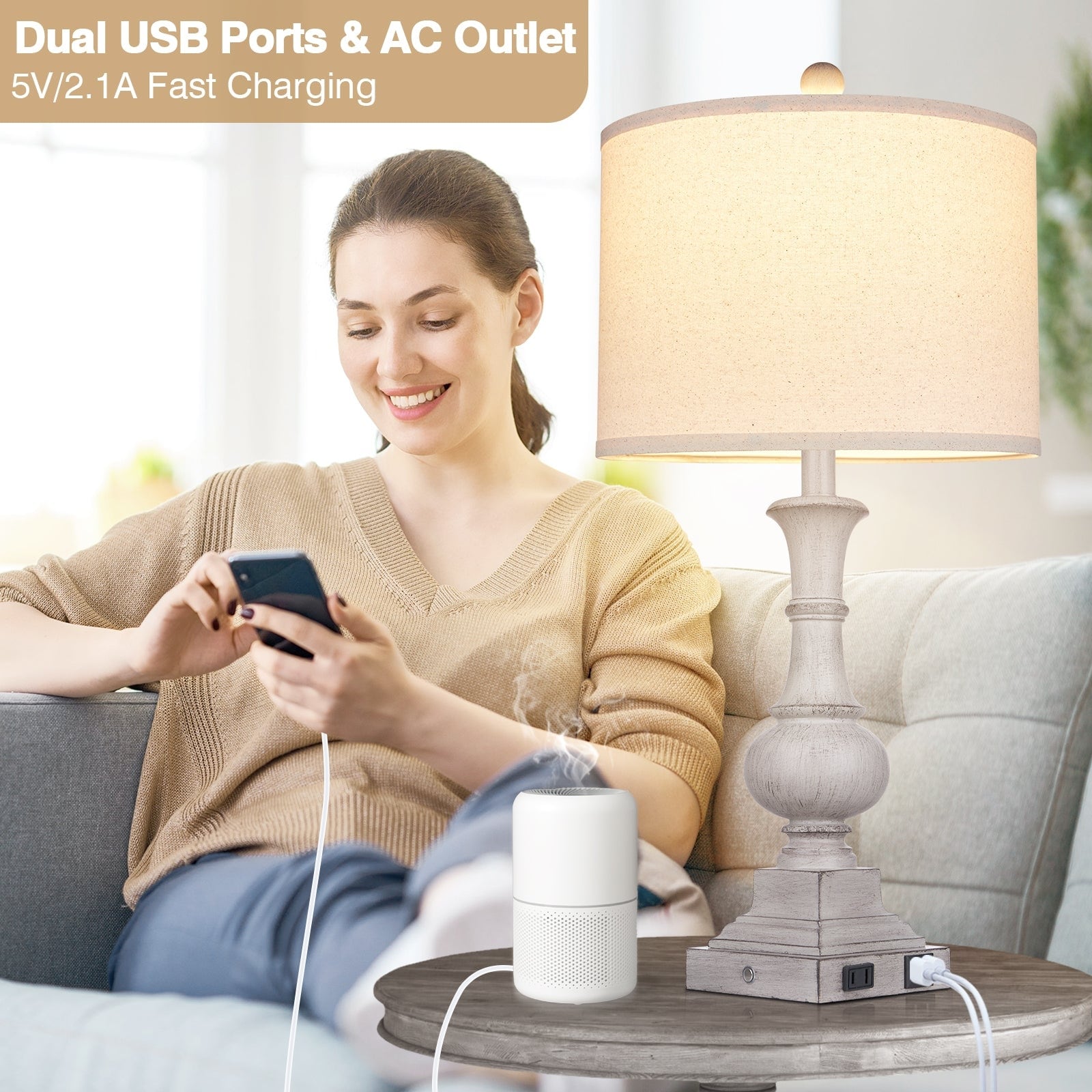 Grey Resin Table Lamps with USB & Type-C Charging Ports AC Outlet & 3-Way Dimming Switch (Set of 2)