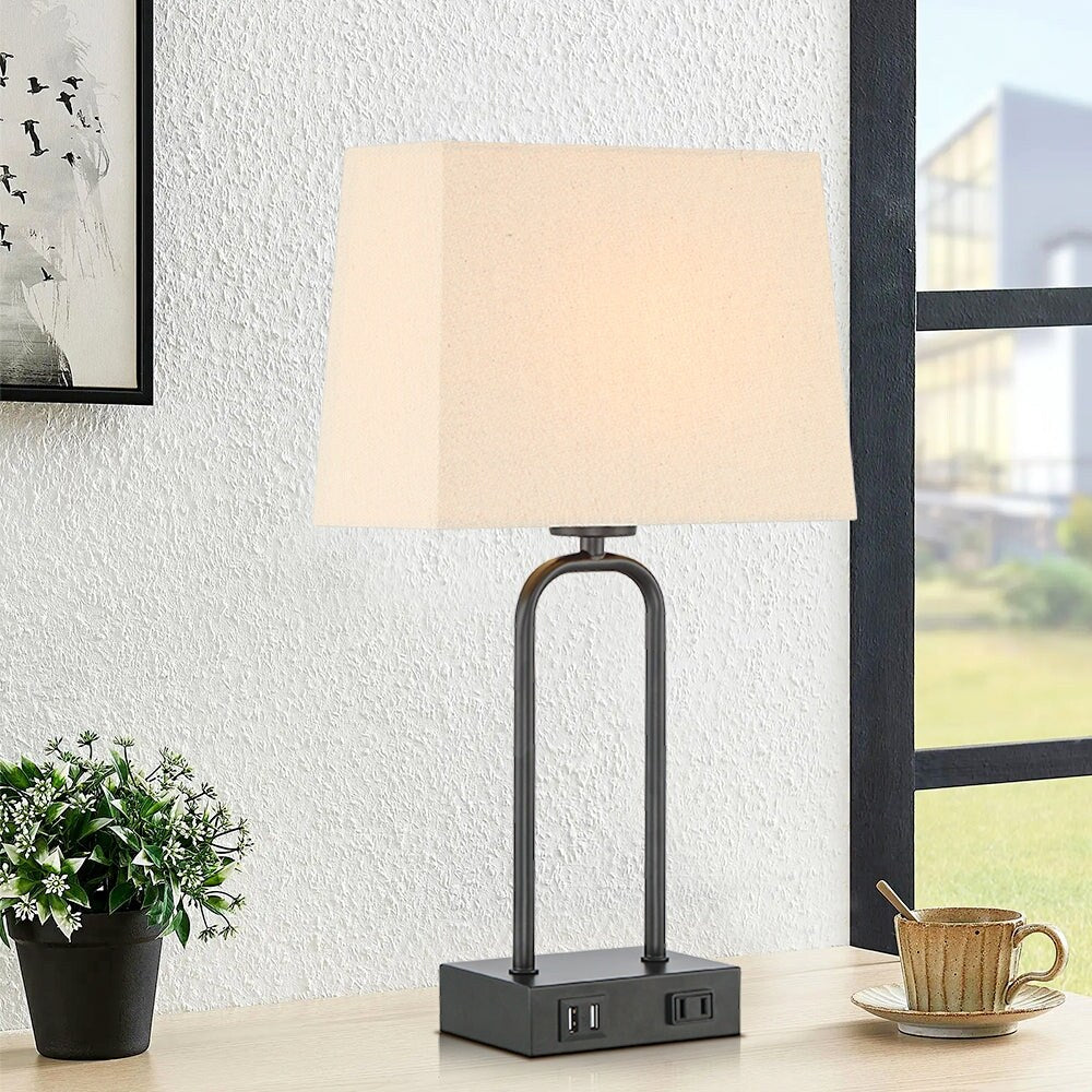 Black Metal Arched Frame Table Lamp with USB Charging Ports and Touch Dimming Switch (Set of 2) - 9.8'' x 5'' x 18'' (L x W x H)